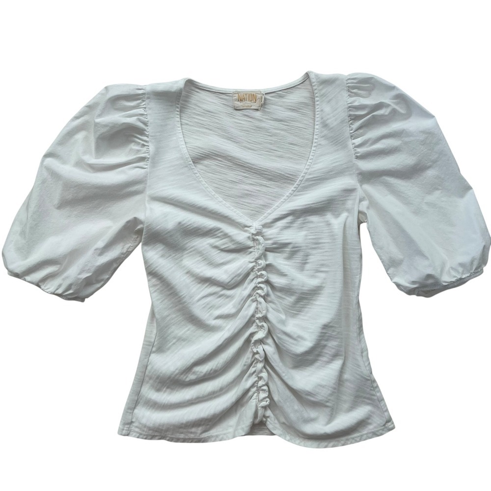 Nation LTD Giada Gathered Ruched Puff Sleeve Top in White SZ XS Feminine Flirty - Picture 2 of 9